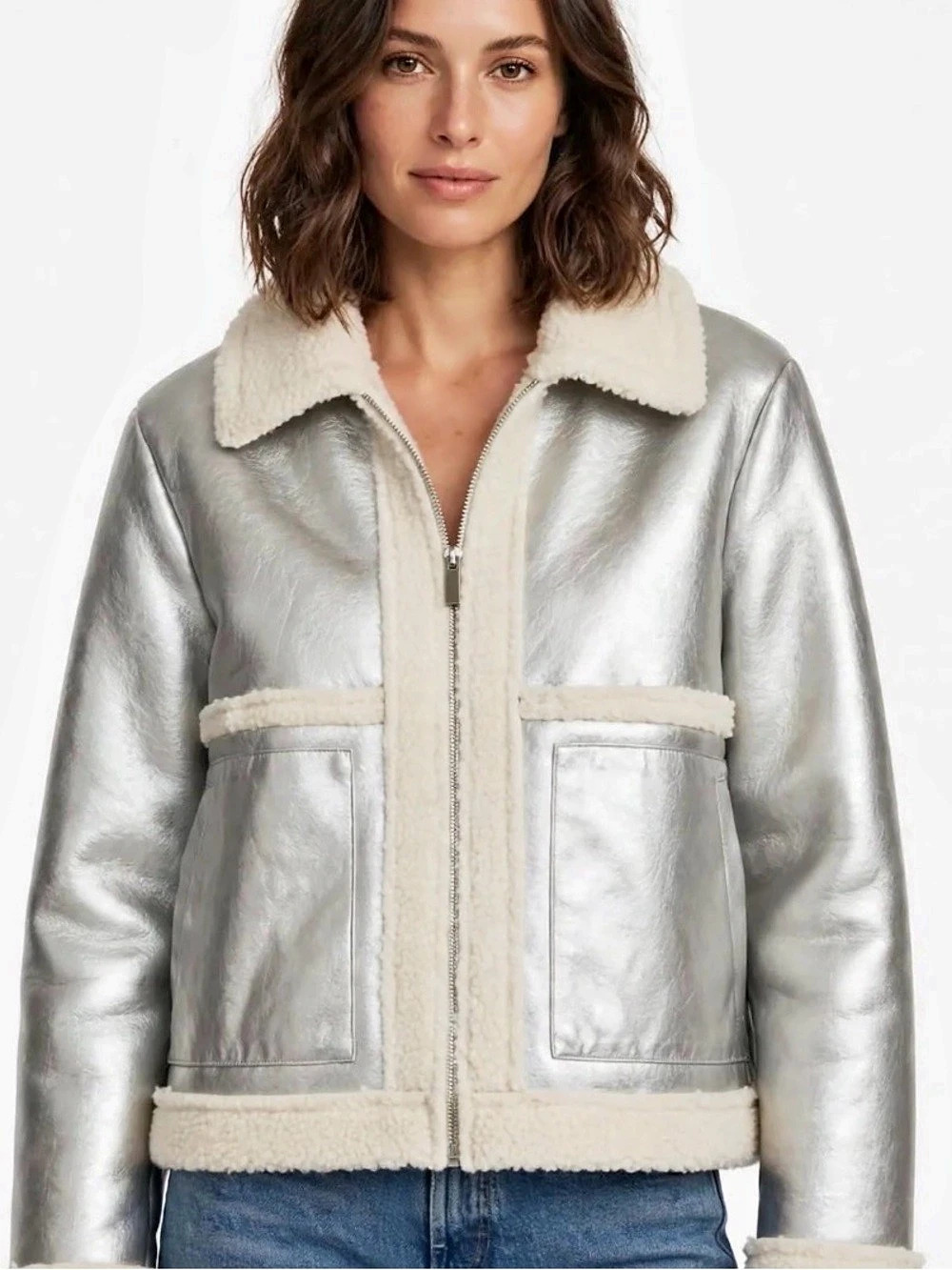 a new day Metallic Silver Sherpa Aviator Jacket Silver & Cream
